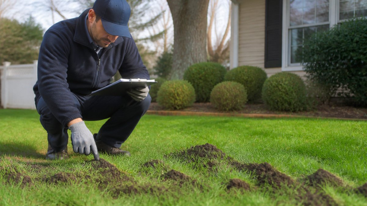 Professional pest control technician in work gloves inspecting lawn for mole tunnels and damage, holding clipboard for assessment in residential yard setting