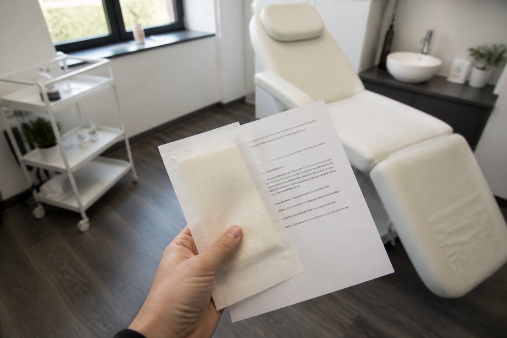 Patient's hand holding sterile wound dressing packet and printed aftercare instruction sheet in modern clinic environment with natural light