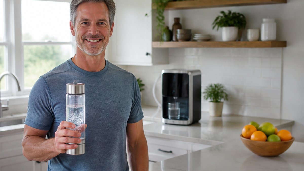 Adult in their late 50s holding an H2 WATER ELITE SPORT™ portable hydrogen water bottle in a bright home kitchen, with the H2 ELITE GOLD™ countertop system visible on the counter in the background, suggesting an integrated daily wellness routine