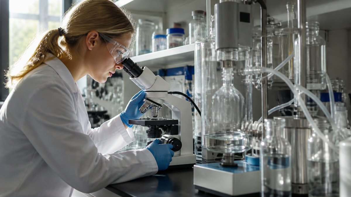 Researcher in modern laboratory examining test samples and molecular hydrogen equipment, reviewing data on computer screen with natural window lighting