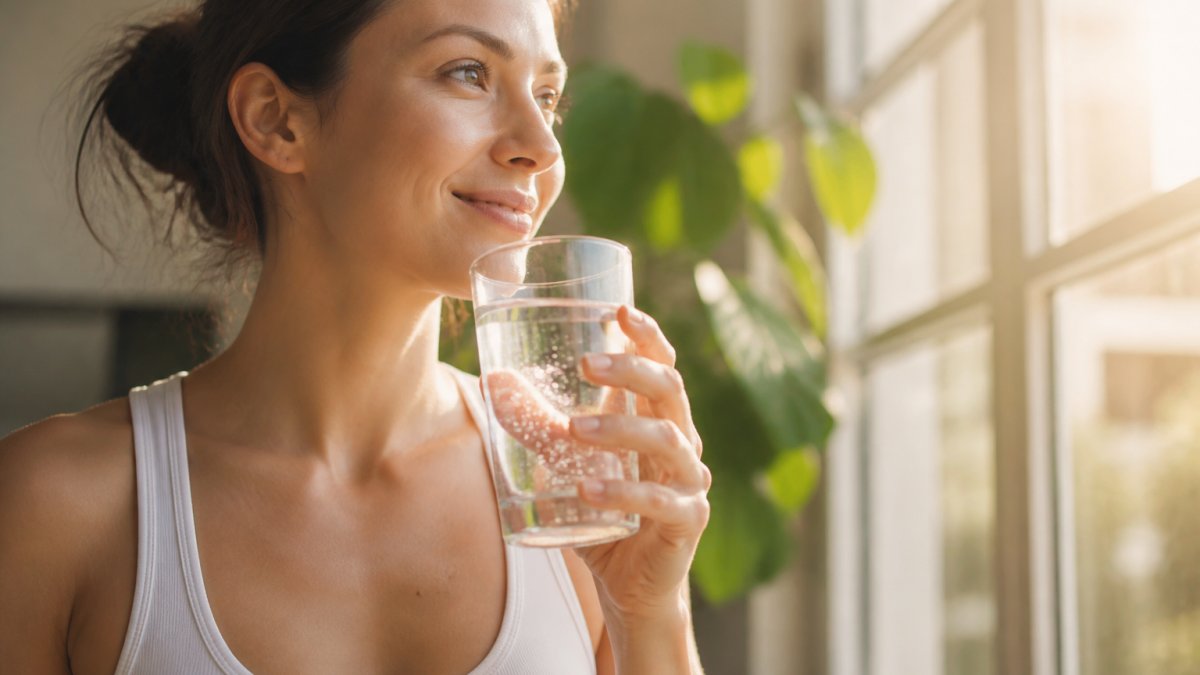 Close-up of a person holding a glass of hydrogen-rich water in bright natural light, with water droplets visible on the glass surface and sunlight streaming through a window