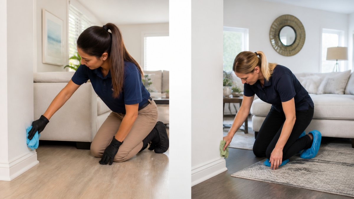 A locally owned cleaning team in matching uniforms wiping down baseboards and corner edges of a bright residential living room