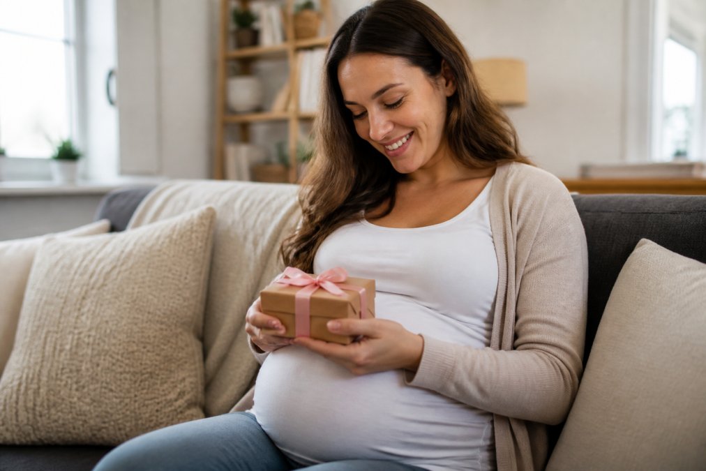 A smiling pregnant woman holding a small wrapped gift box with a ribbon, sitting on a cozy couch in a bright living room, soft natural light