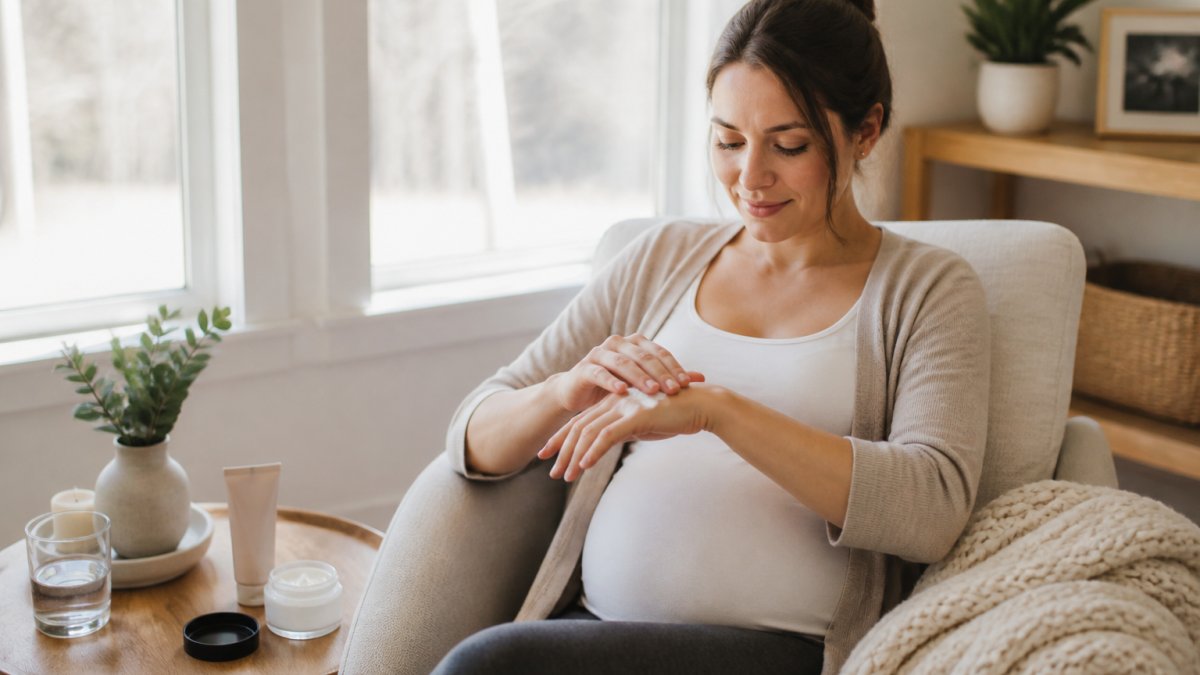 A pregnant woman relaxing in a bright living room, applying hand cream while seated in a comfortable chair with a soft blanket nearby