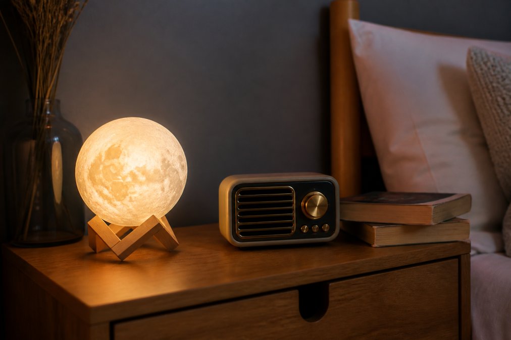 A cozy bedside table at dusk with a small glowing moon-patterned lamp, a retro-style mini speaker with tactile knobs, and a short stack of paperbacks, warm lamplight against a dark wall