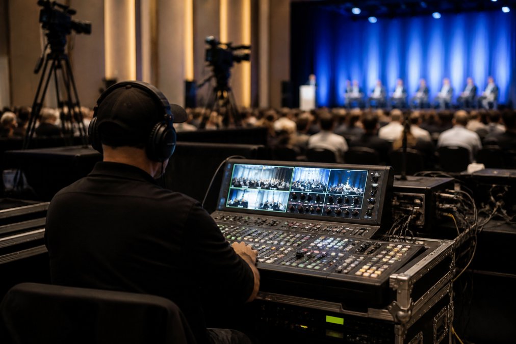 Professional technician monitoring multiple camera feeds and audio levels at a control station during a corporate event broadcast, with LED screens displaying real-time streaming metrics