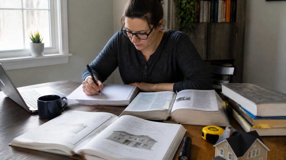 Adult learner studying at home with laptop, notebook, and building code reference materials spread across desk with natural window lighting