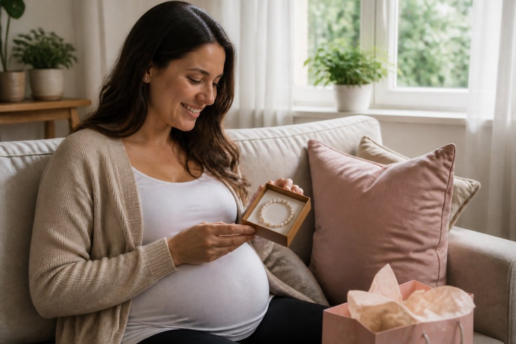 Pregnant woman smiling while opening a delicate bracelet box as one of the perfect mother's day gifts.