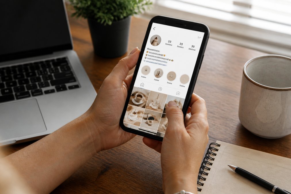 Close-up of hands holding a smartphone displaying an Instagram profile with a prominent call-to-action in the bio, desk workspace visible in background with laptop and notebook, natural window lighting casting soft shadows