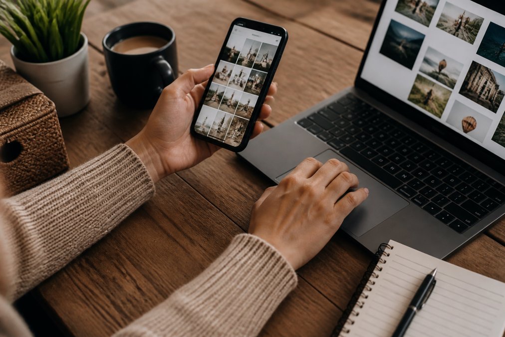 A person's hands using a smartphone and laptop side-by-side to edit and schedule Instagram content, with coffee and notepad nearby on a desk