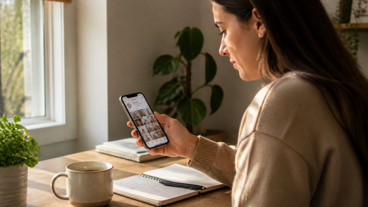 Woman scheduling content on Instagram with coffee to monetize social media minimal effort during her morning routine.