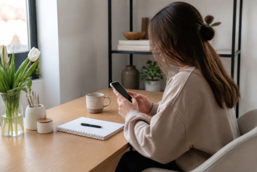Woman composing a brand deal pitch on her smartphone at a desk to grow her faceless Instagram account.