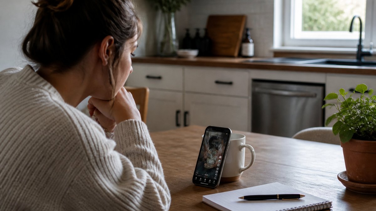 A woman at a kitchen table in the morning light, phone propped against a coffee mug, scrolling Instagram Reels with a small notebook and pen beside her