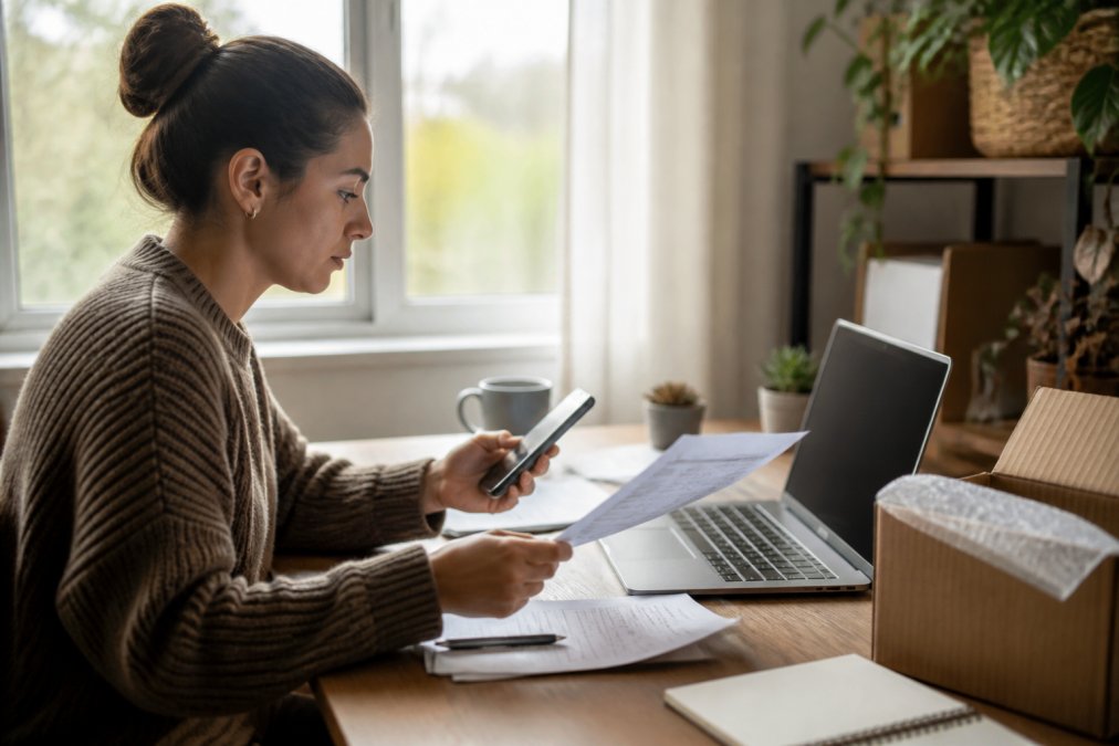 Person at desk with laptop and smartphone, preparing return documentation and filling out return form online with natural window lighting