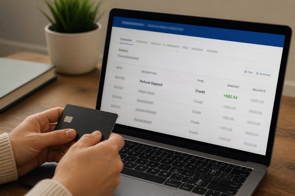 Close-up of hands holding a debit card next to a laptop screen showing bank account confirmation of refund deposit