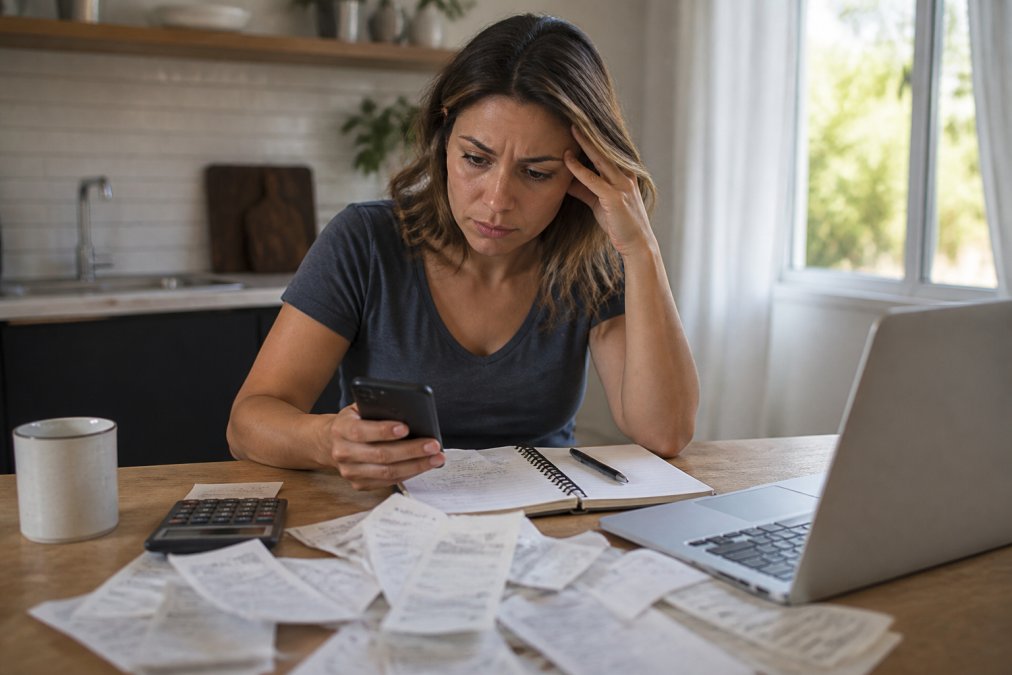 A person sitting at a kitchen table with a laptop and smartphone, reviewing a budgeting app while looking at a pile of bills and a notebook, warm afternoon light through a window