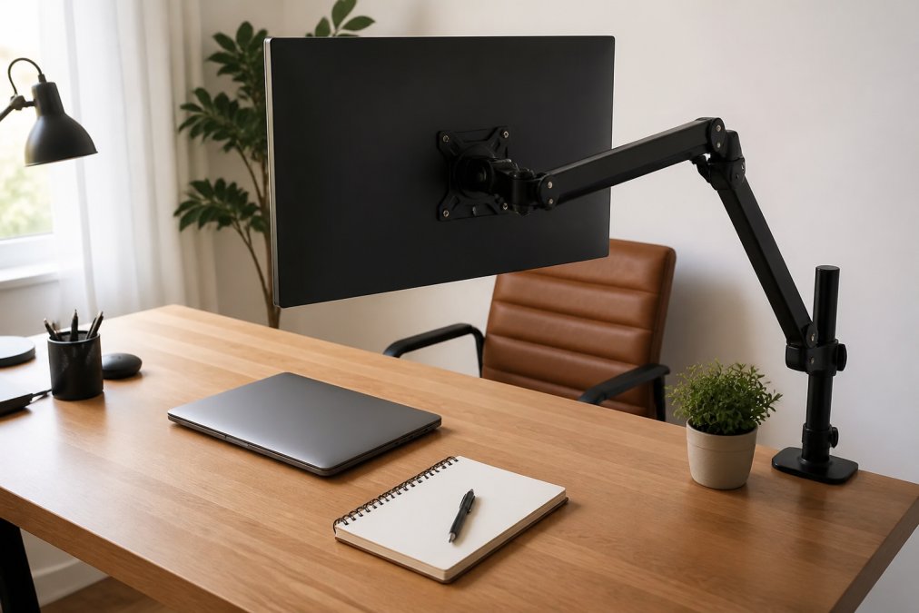 A clean minimalist desk in a bright home office with a monitor mounted on a single arm, laptop and notebook resting on the now-open surface in front