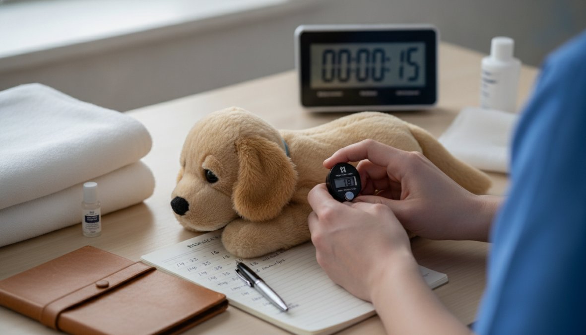 Pet owner's hand gently placed on dog's chest while monitoring breathing, with a smartphone timer visible showing 15-second count in natural home lighting