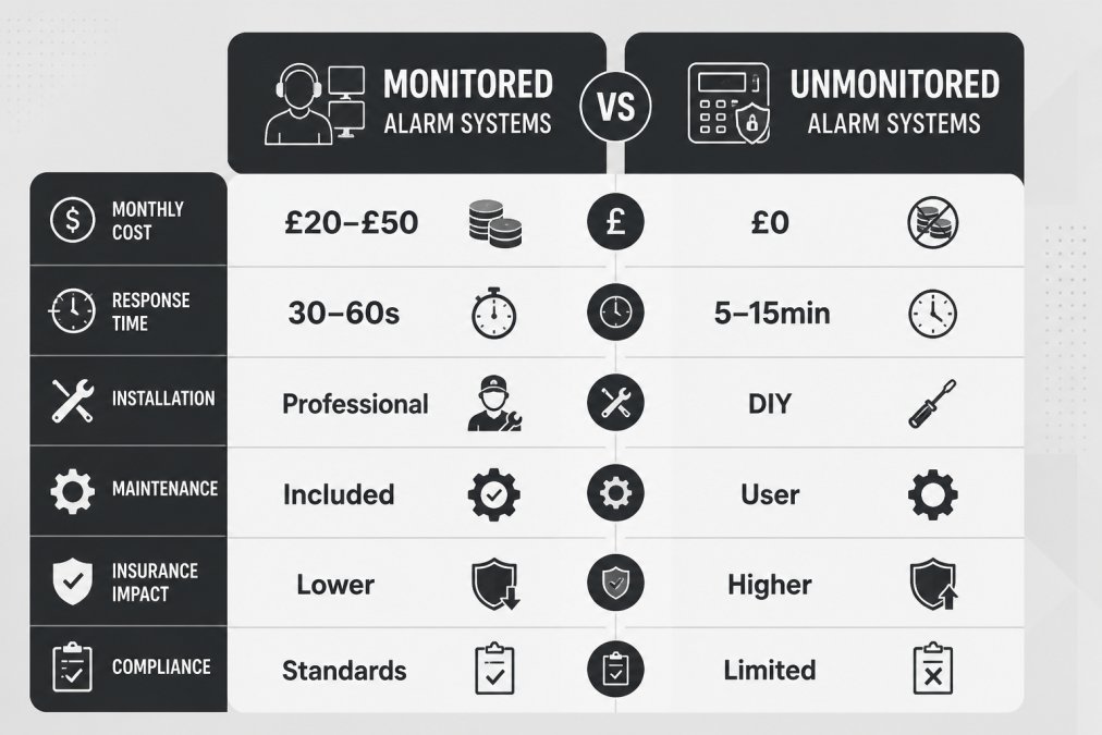 Comparison matrix of monitored vs unmonitored alarm systems across six criteria: monthly cost, response time, installation, maintenance, insurance impact, compliance