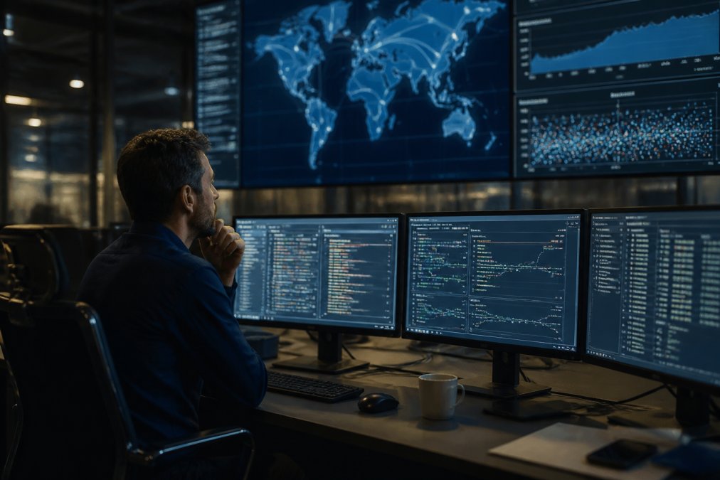 A software engineer in a dimly lit command center looking at a large wall monitor displaying a complex dashboard with multiple graphs and a world map showing live data points