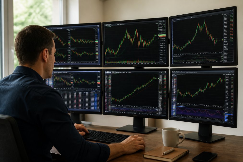 Professional trader monitoring multiple MT5 charts with real-time alerts displayed on desktop screens, showing price movements and notification indicators in modern office setting with natural window lighting