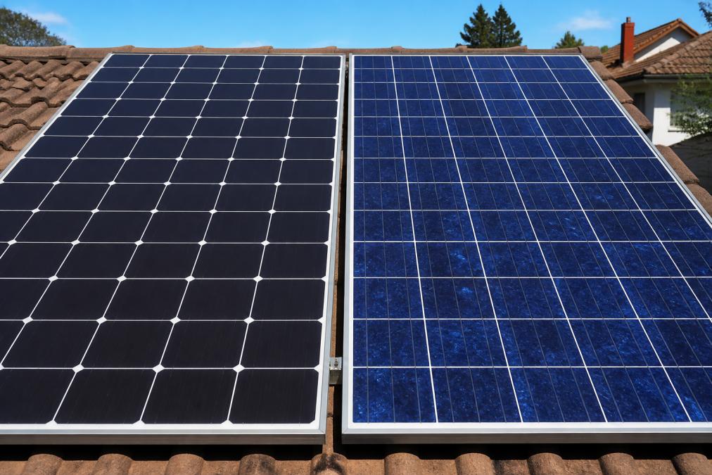 Monocrystalline vs polycrystalline solar panels side by side on a residential roof under bright sunlight