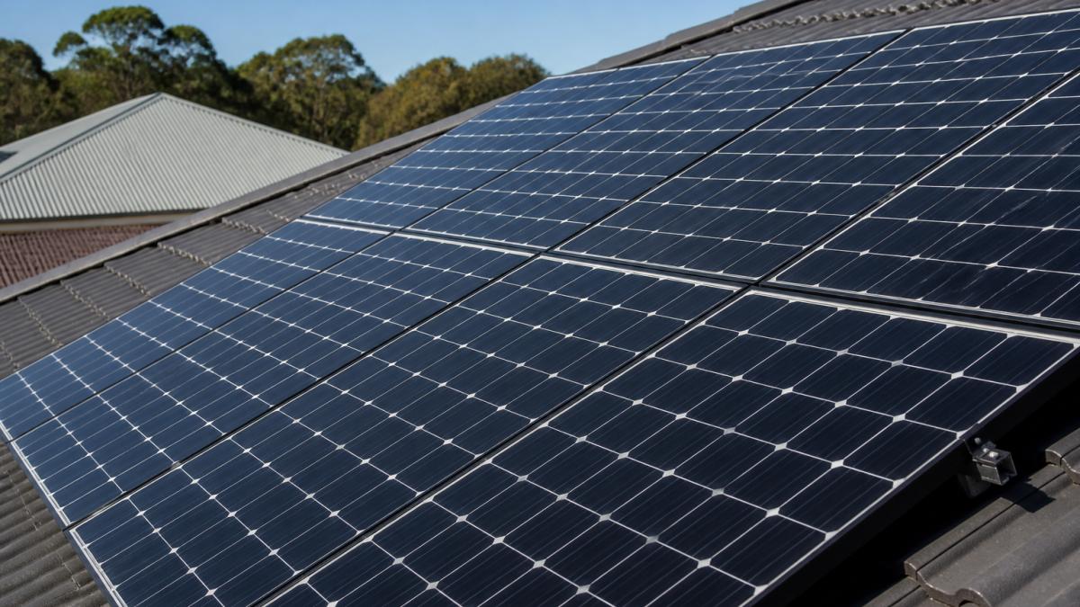 Close-up of monocrystalline solar panel mounted on residential rooftop showing uniform dark blue cells with visible silver grid pattern and clean, organised structure