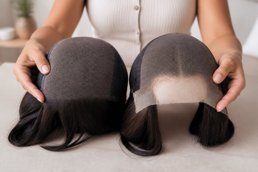 Close-up of a woman's hands gently holding two different wig caps side by side, one with a fine mesh monofilament top and one with a sheer lace front, in a bright, softly lit room with neutral tones