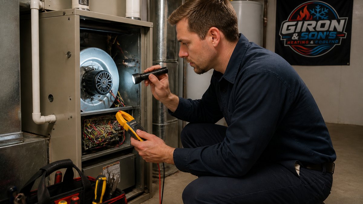 A certified HVAC technician in work clothes kneeling beside a residential furnace in a clean basement, holding a multimeter and inspecting the blower compartment with a flashlight