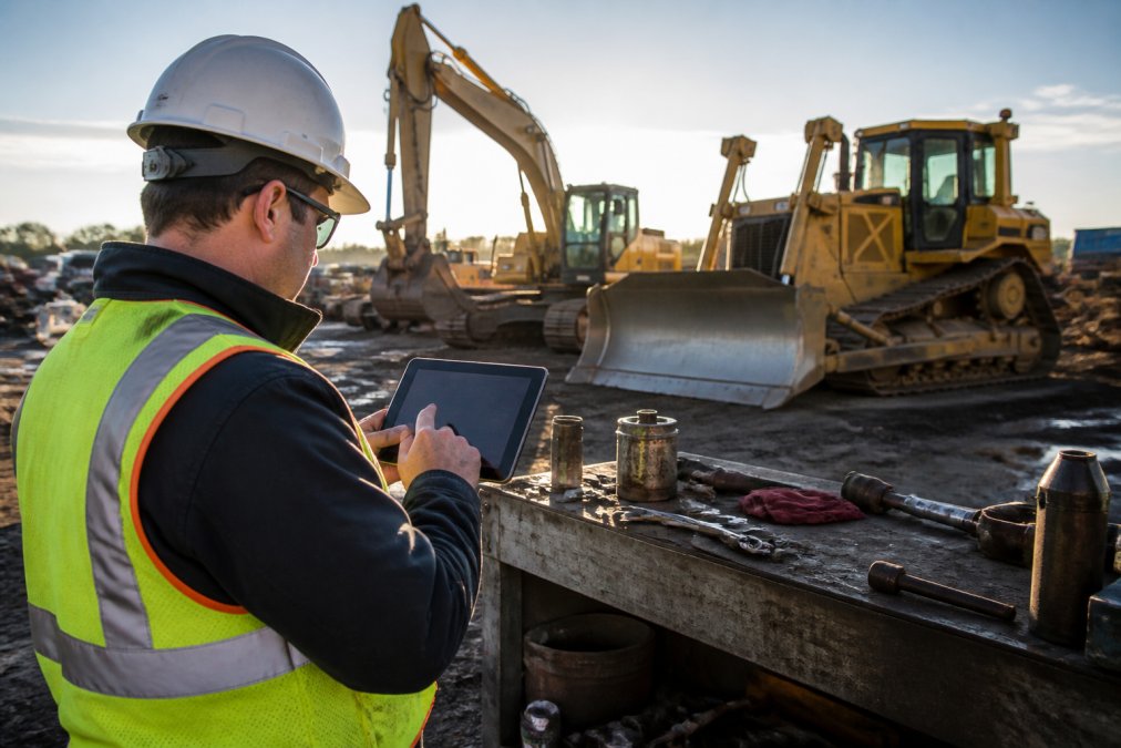 Equipment manager reviewing machinery specifications and detailed service records on a tablet at a construction site, with heavy dozers and excavators visible in the background under morning sunlight