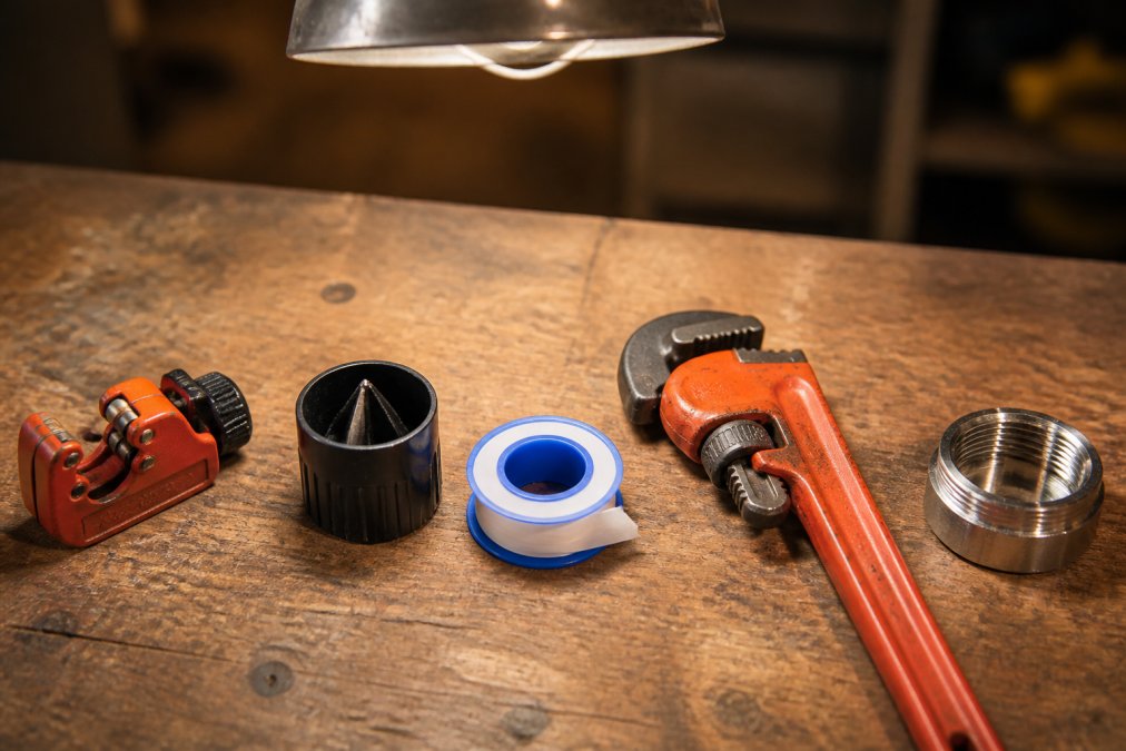 Close-up of a neat row of plumbing tools on a wooden workbench: a pipe cutter, deburring tool, roll of Teflon tape, pipe wrench, and a shiny metal pipe cap, lit by a workshop lamp from above