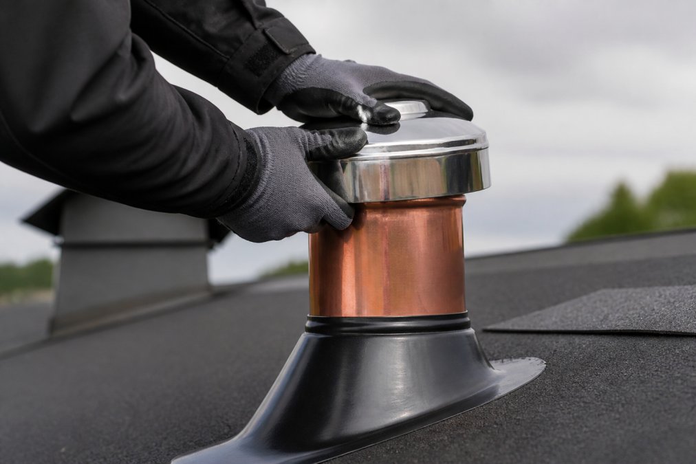 A tradesperson's gloved hands pressing a shiny metal pipe cap firmly onto a copper pipe on a rooftop, with dark roofing felt and grey sky visible in the background