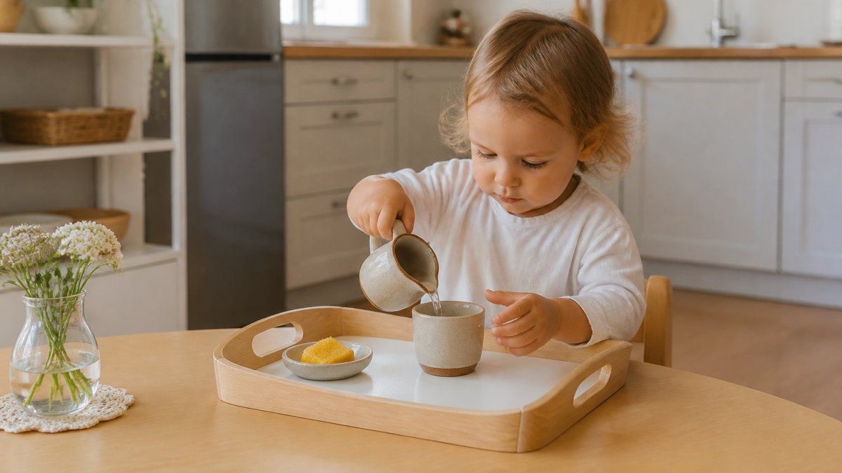 A toddler sitting at a low wooden table carefully pouring water from a small ceramic pitcher into a cup, a tray and sponge nearby, soft morning light in a bright home kitchen
