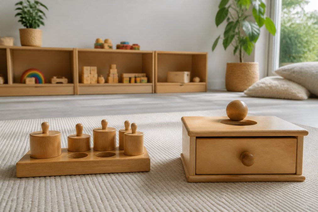 A bright, minimalist toddler playroom with wooden Montessori toys neatly arranged on low, open shelves, soft natural light coming through a window