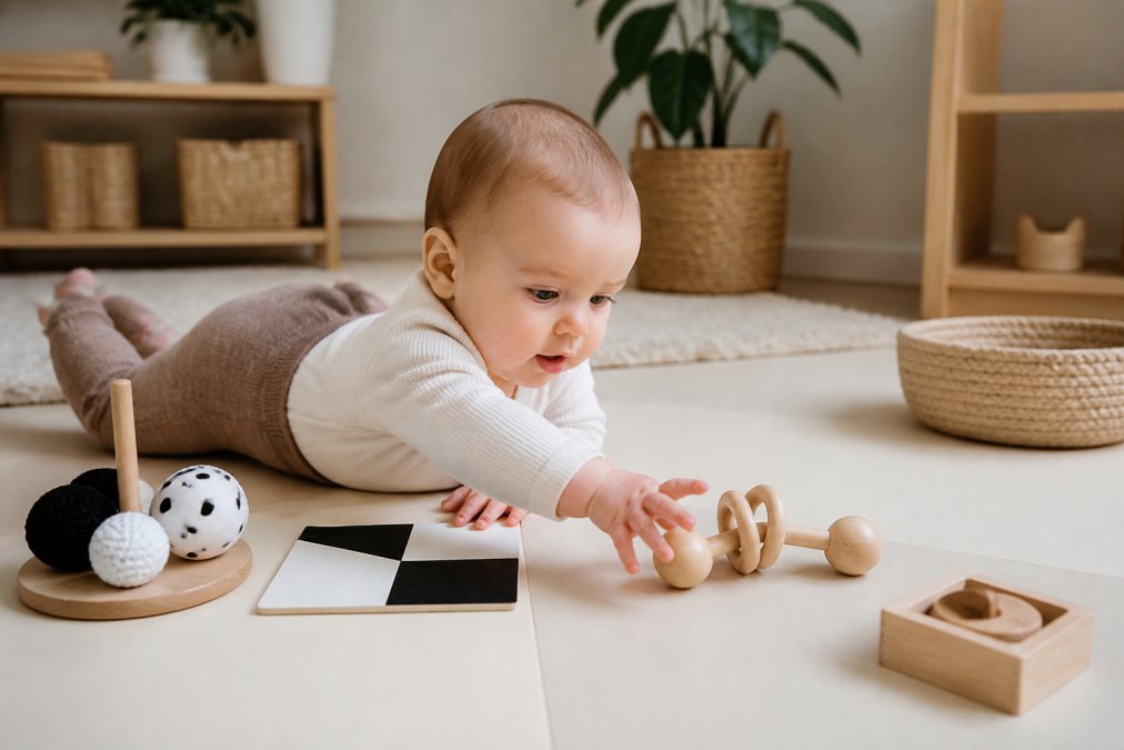 A baby lying on a wooden play mat reaching for a simple wooden rattle, with a few carefully arranged high-contrast toys nearby in a bright, minimalist nursery