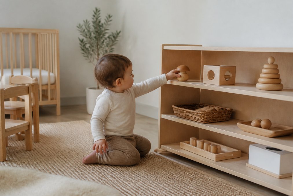 Toddler reaching for a wooden toy on a low shelf in a minimalist nursery designed with Montessori principles.