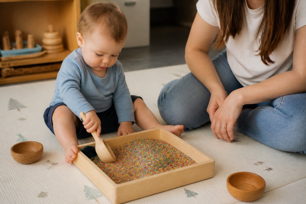 A toddler sitting on a play mat, scooping colourful rice from a shallow wooden tray with a small wooden scoop, with a parent sitting nearby on the floor