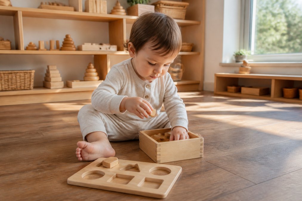 Toddler sitting on a low wooden floor with concentrated expression, hands engaged with wooden sorting blocks and shape-matching puzzles, natural light streaming through window, low shelf of Montessori materials visible behind in soft focus