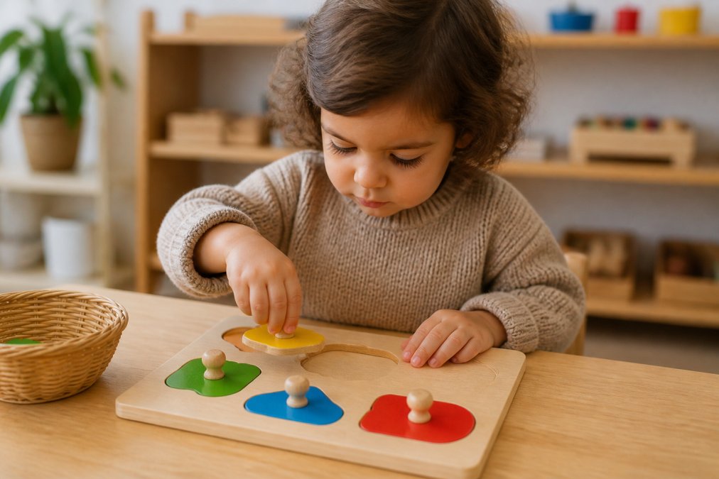 Close-up of small child's hands with focused concentration, using wooden puzzle with pegs, demonstrating precise pincer grasp and hand-eye coordination during intentional play, warm natural lighting