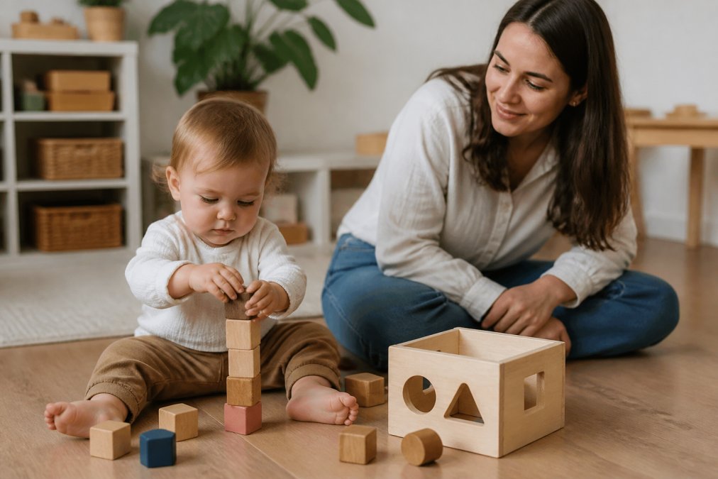 Toddler stacking wooden blocks and using a shape sorter with Montessori toys while a parent observes nearby.