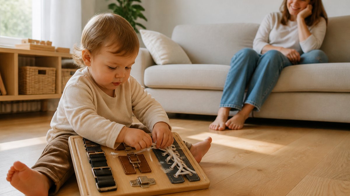 Toddler sitting on a wooden floor, focused on playing with a sensory busy board while a parent watches nearby.