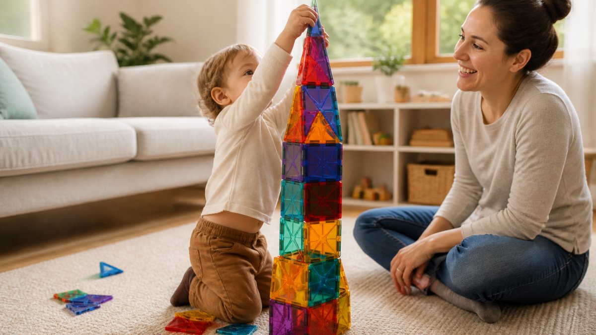 Toddler building a tall colorful magnetic tile tower as a parent watches in a bright sunlit living room