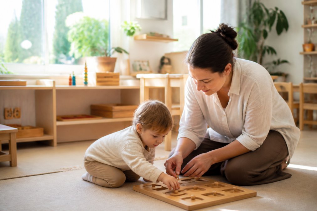 Teacher guiding a toddler with a wooden puzzle in a bright classroom, illustrating Montessori vs Reggio Emilia.