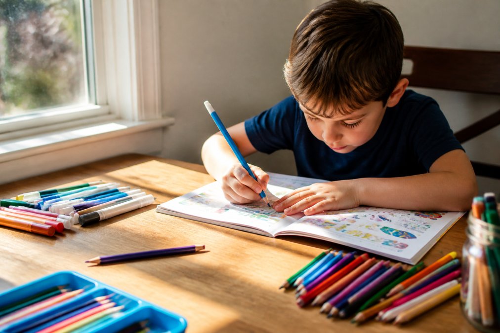 Child sitting at a wooden table working intently on a colorful activity book with markers and colored pencils spread across the surface, natural window light illuminating the creative workspace
