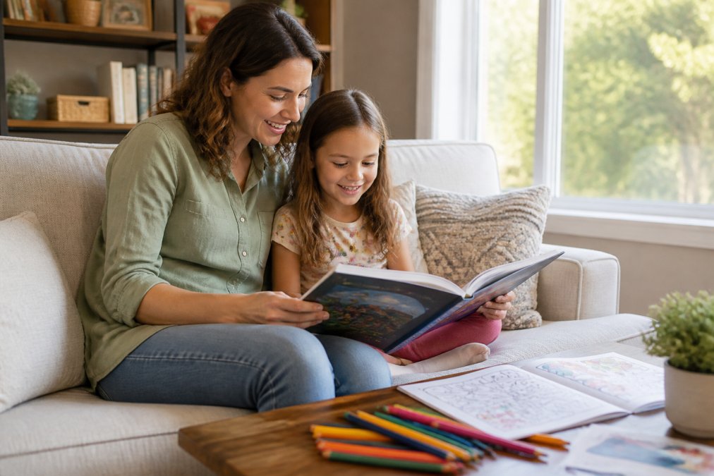 Parent and child sitting together on a cozy sofa reading a Miso & Kili storybook with activity materials and colored pencils arranged on the table beside them, warm natural light streaming through the window