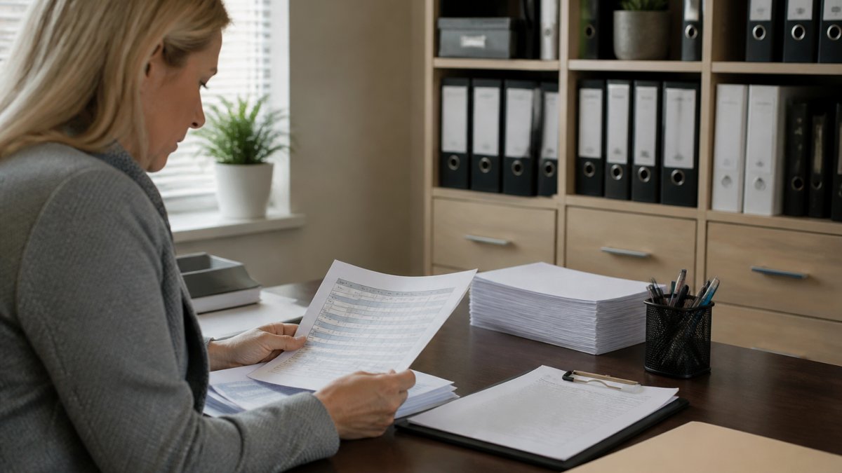 Practice manager at desk reviewing monthly HIPAA training completion records on computer screen with exportable compliance reports visible