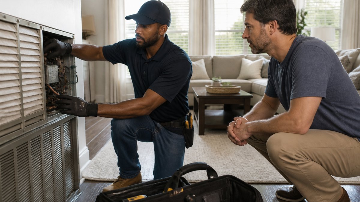 Professional technician in work uniform performing HVAC inspection in residential living room, checking system components while homeowner watches, natural daylight through windows