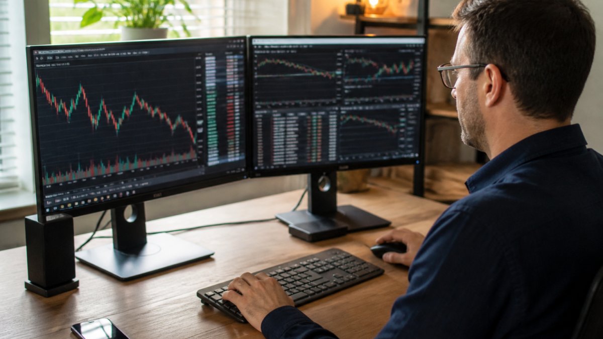 Professional trader at modern desk with dual monitors displaying live market charts and real-time trading data, hands positioned on keyboard ready to execute trades, natural office lighting