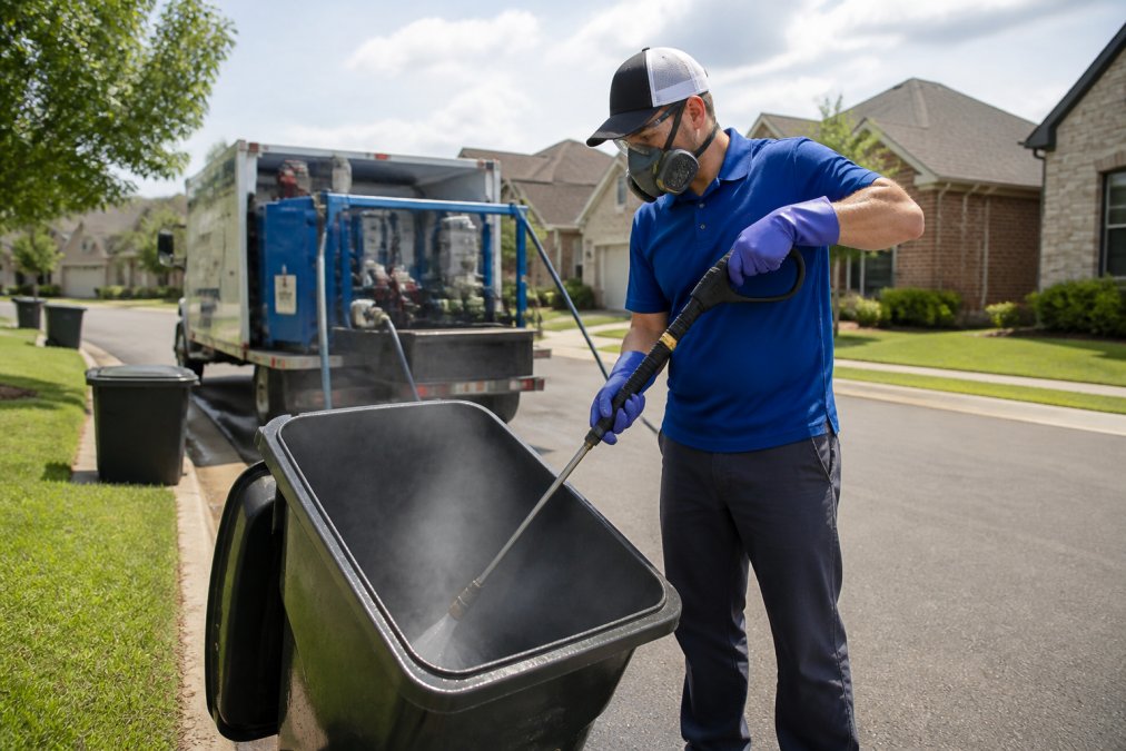 Technician using high-pressure water to sanitize a bin during monthly trash bin cleaning plans.