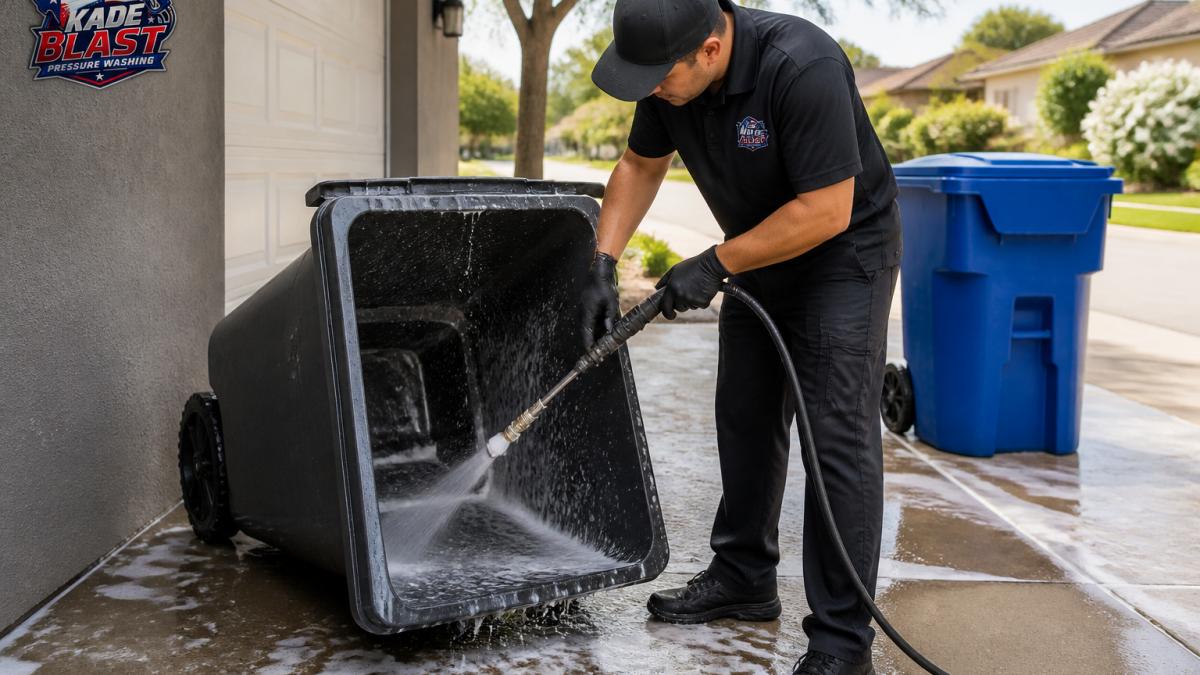 Technician using a pressure washer for trash can cleaning on a residential driveway with a clean bin nearby